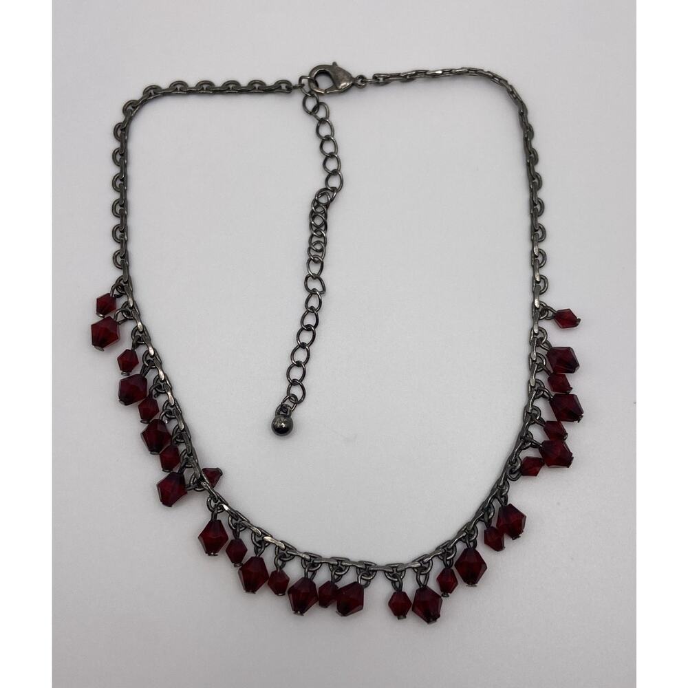 Gun Metal Gray Small Ruby Colored Beaded Costume Collar Necklace